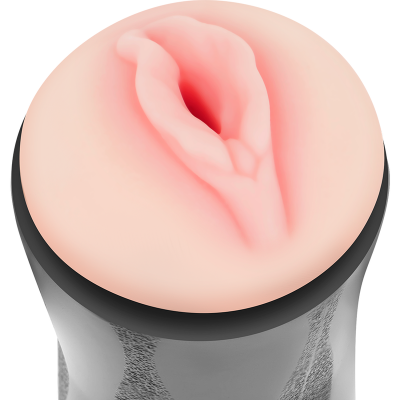 Objeto cilíndrico com superfície cor de pele e detalhe central rosa