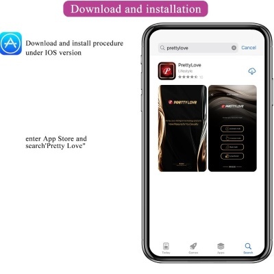 Telemóvel com ecrã da App Store aberto a mostrar a aplicação PrettyLove e instruções de download