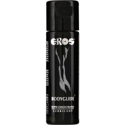 Frasco preto de lubrificante EROS BODYGLIDE com imagem de pernas femininas