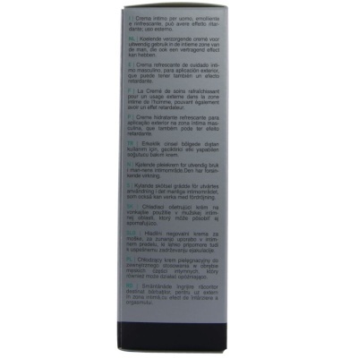Embalagem de creme íntimo masculino com texto multilingue