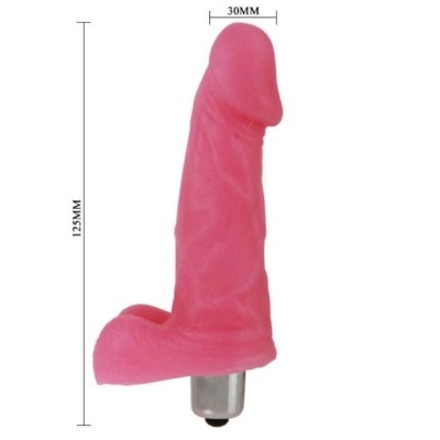 Vibrador rosa de silicone com base metálica e botão preto.