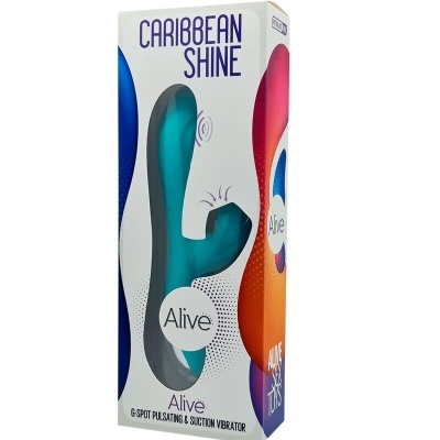 Embalagem de vibrador anatómico azul turquesa com texto CARIBBEAN SHINE