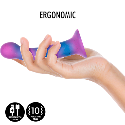 Objeto ergonómico roxo e azul segurado por uma mão com texto 'ERGONOMIC'