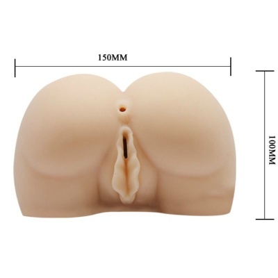 Nádegas femininas em material macio com abertura vaginal e dimensões indicadas.
