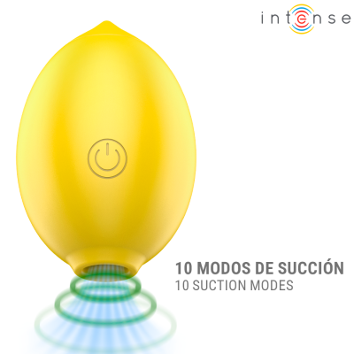 Dispositivo amarelo oval com botão de power e texto sobre modos de sucção
