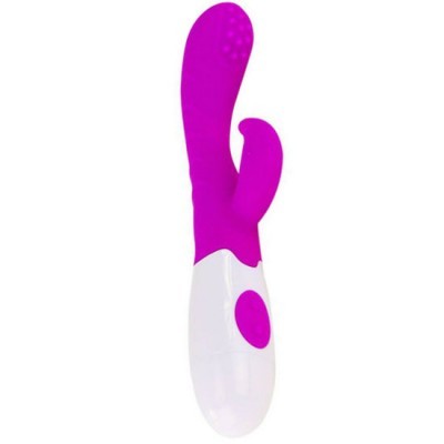 Vibrador rosa e branco com textura e botão oval na base