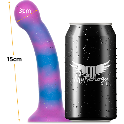 Dildo de silicone multicolor com lata preta ao lado