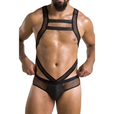 Roupa interior masculina preta com alças largas e tecido de rede