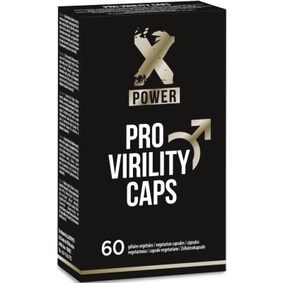 Caixa do suplemento X Power Pro Virility Caps preta com letras douradas e brancas