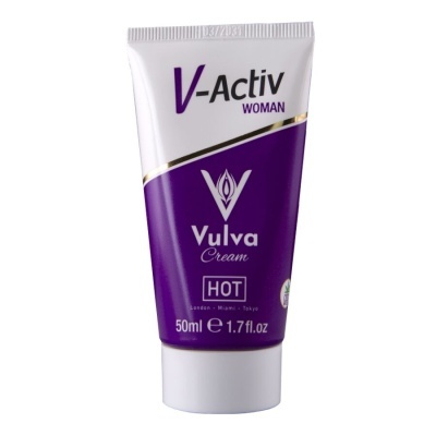 Tubo de creme V-Activ Woman Vulva Cream HOT 50ml roxo e branco