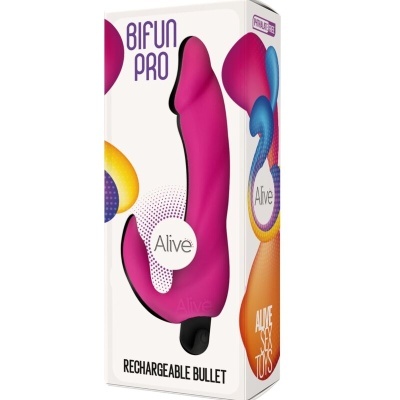 Embalagem de produto erótico Bifun Pro rosa da marca Alive com texto e design colorido