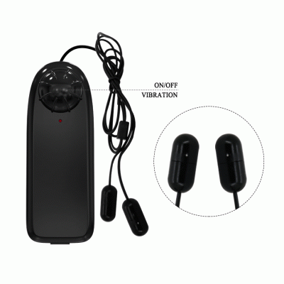 Controle remoto preto com dois dispositivos cilíndricos e texto ON/OFF VIBRATION
