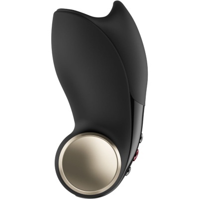 Dispositivo preto ergonómico com botão dourado e botões laterais