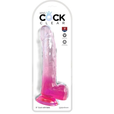Dildo transparente e rosa em embalagem branca com texto KING COCK CLEAR