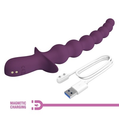 Plug vibratório roxo com textura de esferas e cabo USB branco.
