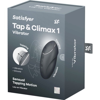 Embalagem de vibrador Satisfyer Tap & Climax 1 com design cinza e preto