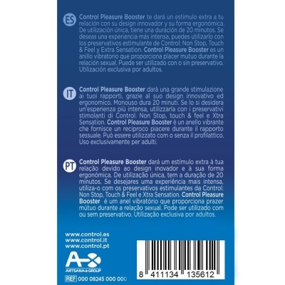 Embalagem azul do produto Control Pleasure Booster com texto em várias línguas e código de barras