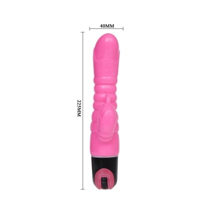 Vibrador cor de rosa com base preta e dimensões marcadas
