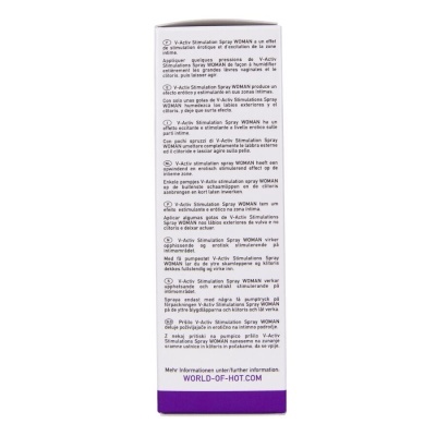 Embalaem traseira de spray estimulante V-Activ para mulher com texto em várias línguas.