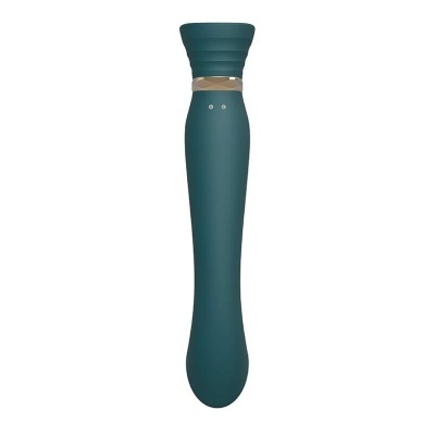 Vibrador ergonómico verde com anel dourado e textura canelada na ponta