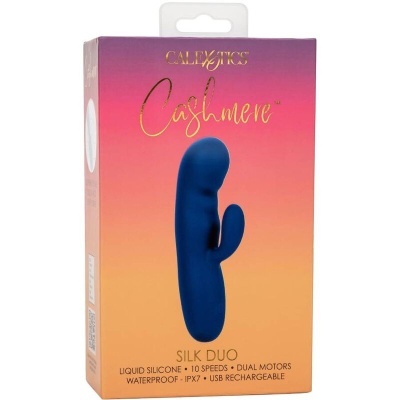 Embalagem do vibrador CALExotics Cashmere Silk Duo azul escuro com texto e gradiente rosa a amarelo