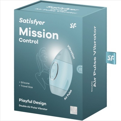 Caixa azul de vibrador Satisfyer Mission Control com texto branco e imagem do vibrador azul.