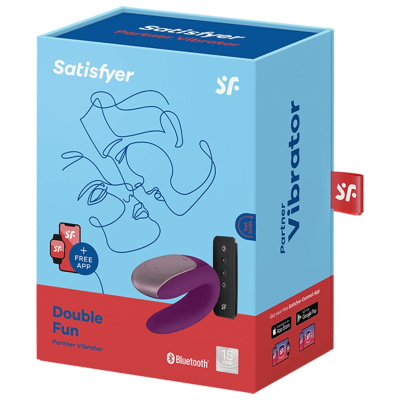 Caixa azul e vermelha com vibrador duplo Satisfyer Double Fun com controle remoto e Bluetooth