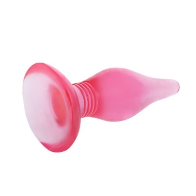 Produto de silicone rosa translúcido cónico com base alargada em fundo branco