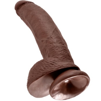 Dildo castanho escuro com textura realista e base de ventosa