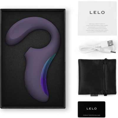 Caixa preta com vibrador roxo, manual, cabo USB branco, bolsa preta e cartão de garantia LELO.