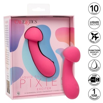 Excitador vibratório rosa em silicone líquido na embalagem com características e ícones de funcionalidades