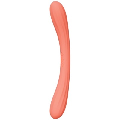 Vibrador de silicone cor coral com formato curvo e botões de controle