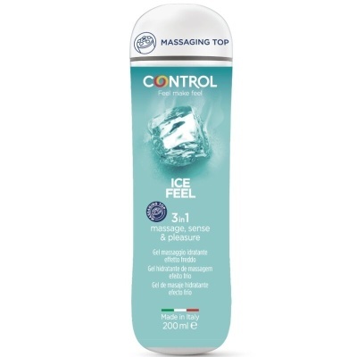 Frasco azul e branco de gel de massagem hidratante com efeito frio 200 ml