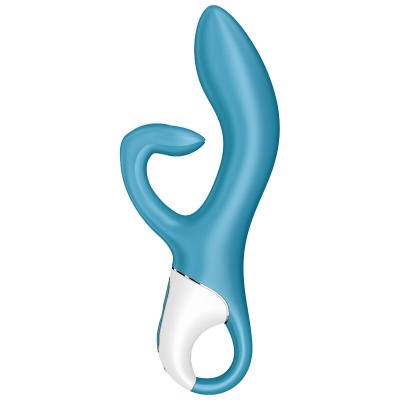 Vibrador azul com detalhe branco e design anatómico