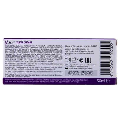 Embalagem do creme V-Activ Vulva Cream com texto de ingredientes e instruções