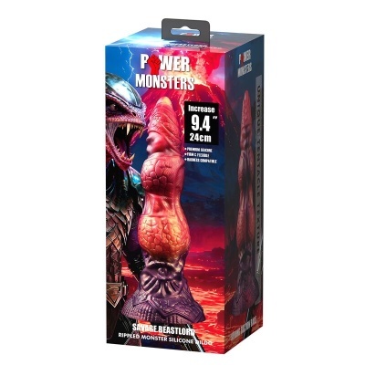 Caixa de dildo em silicone vermelho e roxo com textura escamosa e detalhes tentáculos, embalagem Power Monsters com monstro alienígena