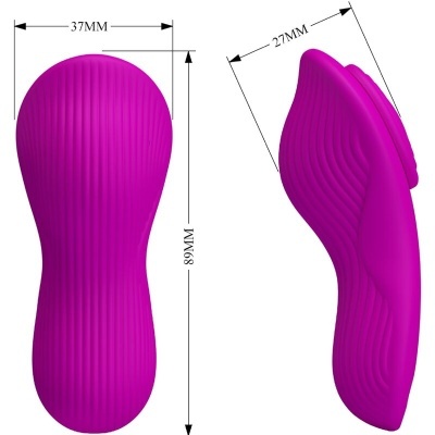 Produto de silicone roxo texturizado com medidas em milímetros.