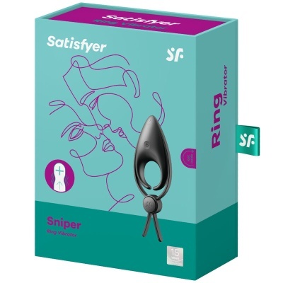 Embalagem do vibrador anel Sniper da marca Satisfyer com ilustração e informações