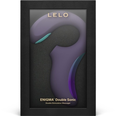 Embalagem preta com massageador LELO ENIGMA Double Sonic roxo para dupla estimulação