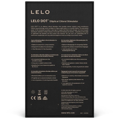 Embalagem preta do LELO DOT Elliptical Clitoral Stimulator com texto informativo em inglês