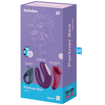 Caixa do produto Satisfyer Partner Box com imagens de vibradores e texto em roxo e azul