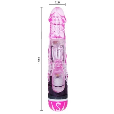 Vibrador rosa translúcido com base preta e detalhes cor de rosa