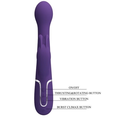 Vibrador roxo com vários botões e texto explicativo