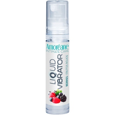 Frasco spray transparente com etiqueta de líquido vibrador sabor frutos vermelhos