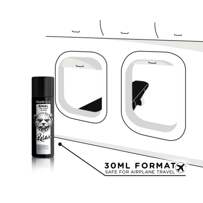 Frasco preto de spray ao lado de janela de avião com texto informativo