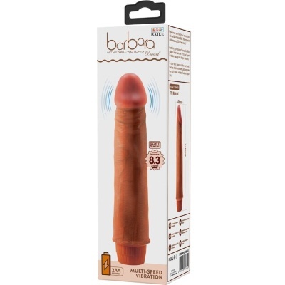 embalagem vibrador realístico cor de pele com texto barboa e indicação 8,3 polegadas