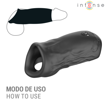 Produto preto texturizado com controle e elástico, máscara preta simples, texto explicativo