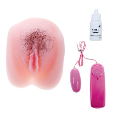 Conjunto erótico com molde anatómico cor pele, lubrificante e controle vibratório rosa.