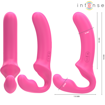 Acessório sexual rosa em silicone com formas curvas e medidas detalhadas.