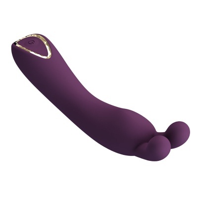 Vibrador roxo curvado com duas extremidades arredondadas e botão dourado